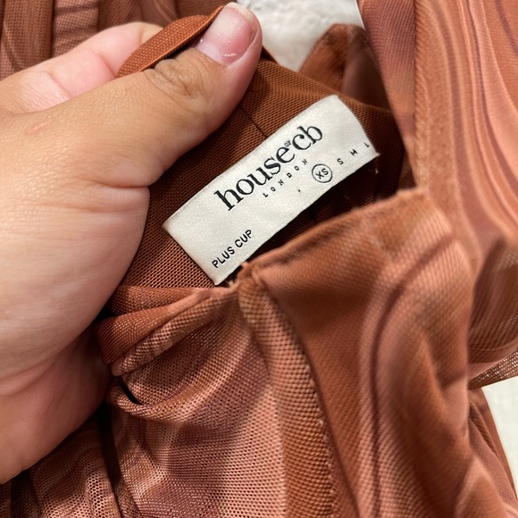 House Of CB Clementine Cutout Ruched Mini Dress Swirl Print Brown - Picture 5 of 6